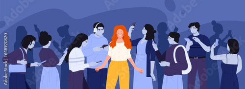 Mobile phone addiction vector illustration. Cartoon happy girl standing among crowd of sad people reading news in social media, comparison of free woman and smartphone slaves, online vs offline