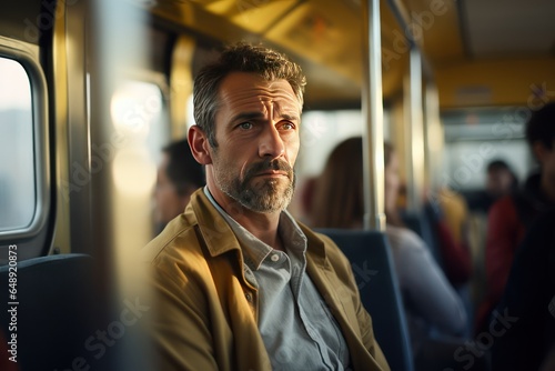 A tired Caucasian man taking a tram to home after work. Passengers commuting in bus. Evening trip by city bus. Public bus ride.