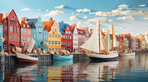 Colorful building in Copenhagen Denmark background in paper art and craft design concept. Created using generative AI.