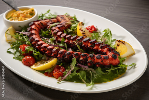 Grilled octopus with vegetables. Sea food restaurant.