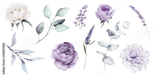 Watercolour floral illustration set. DIY violet purple blue flowers, green leaves elements collection - for bouquets, wreaths, wedding invitations, prints, fashion, birthday, postcards, greetings. © Veris Studio