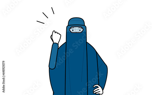 ガッツポーズをするブルカ姿のイスラム女性