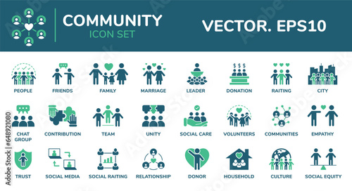 Community icons. People support. Inclusion and equity. Team collaboration. Solid culture trust and belonging. Simple human signs. Family or office workers group. Vector design symbols set