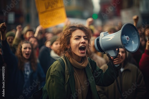 A young woman is chanting her demands through a megaphone during a demonstration. Close-up portrait of a radicalized young caucasian woman. In the background, a crowd of demonstrators with placards. photo