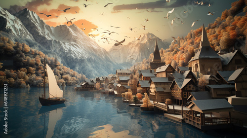 Abstract landmark background Hallstatt Village with vanilla sky in paper art and craft design concept. Created using generative AI.