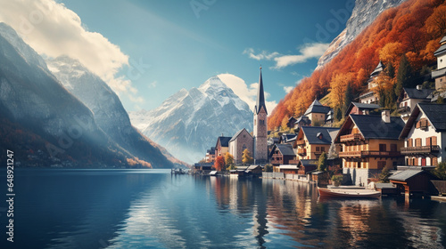 Morning time in Hallstatt Village wallpaper in paper art and craft design concept and animation. Created using generative AI.