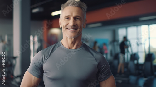 Confident in Fitness: A Smiling Mature Man Stands with Arms Crossed, Radiating Confidence in the Fitness Center.