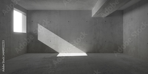 Abstract empty, modern concrete room with small window opening on the left, sunlight shadow and rough floor - industrial interior background template