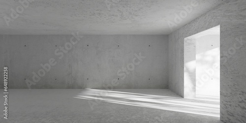 Abstract empty, modern concrete room with light thru doorframe opening with tree shadow and rough floor - industrial interior background template