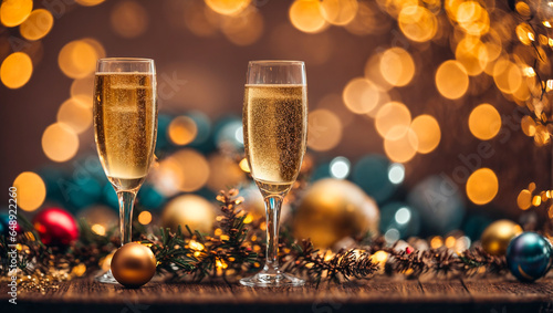 Beautiful glasses with champagne, bokeh, festive background, Christmas balls