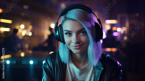 Beats in Control: A Young Caucasian DJ Lady, Wearing Headphones, Takes Command in a Vibrant Club, Mixing Tunes and Engaging the Energetic Crowd on a Night of Musical Revelry.