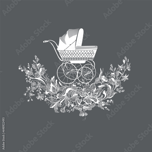 drawing of an antique stroller in a floral lace frame	