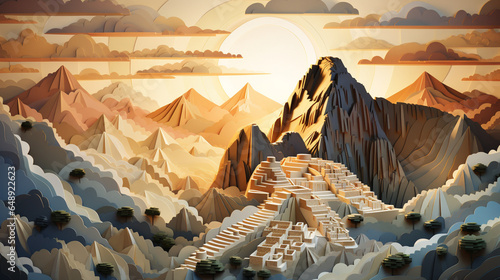 Vanilla sky with Machu picchu background in paper art and craft design concept. Created using generative AI.