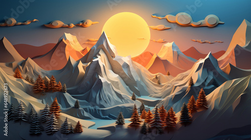 Vanilla sky with Mt. Everest and forest background in paper art and craft design concept. Created using generative AI.