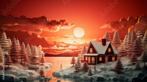 Vanilla sky with Red house in Norway background in paper art and craft design concept. Created using generative AI.