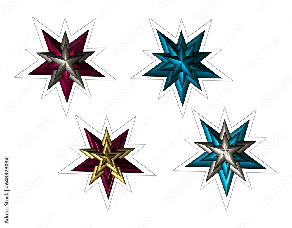 Fototapeta premium 3d silver and golden pink and blue five pointed stars stickers