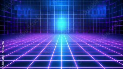 Neon glow cyan blue and purple perspective grid room, cyberspace, digital techonology and VR concept, retro future abstract background. 