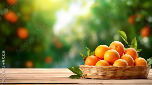 Fresh oranges in basket on the wooden table and blurred organic farm on the background, mock up product display.