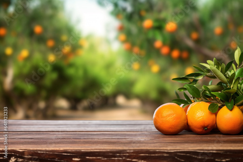 Fresh oranges on the wooden table and blurred organic farm on the background, mock up product display wooden board.