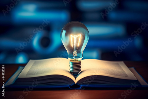Glowing light bulb on a book, power of knowledge, inspiration from reading and learning concept. Generative AI