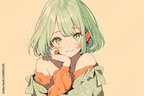 Beautiful Cute Anime Girl With Green Hair On Beige Background