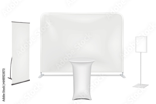 Exhibition set template. Blank white cocktail table, L-banner stand, backdrop display, pedestal poster frame sign holder. Vector mock-up. Business trade show mockup kit