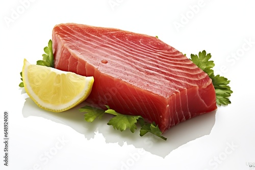 Raw Tuna Fillet with Lemon and Parsley, White Background