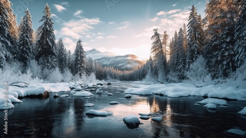 Spring River in Snowy Forest, Ice Floes Floating