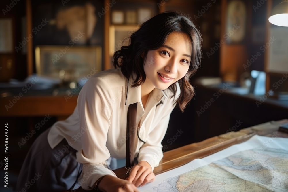 Beautiful Young Asian Woman Cartographer. Сoncept Asian Cartography, Young Asian Female Professionals, Mapmaking Process, International Migration Trends