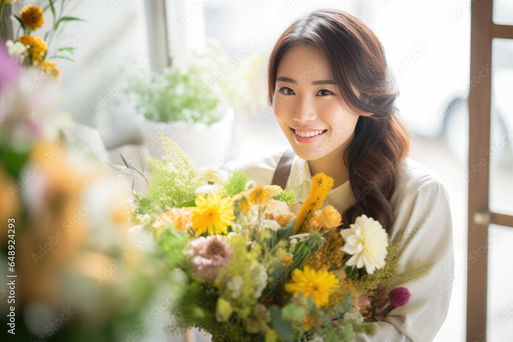 Beautiful Young Asian Woman Florist . Сoncept Beauty Youth, Asian Floristry, Asian Culture, Floral Design Beautiful Young Asian Woman Florist . Сoncept Beauty Youth, Asian Floristry, Asian Culture, Floral Design