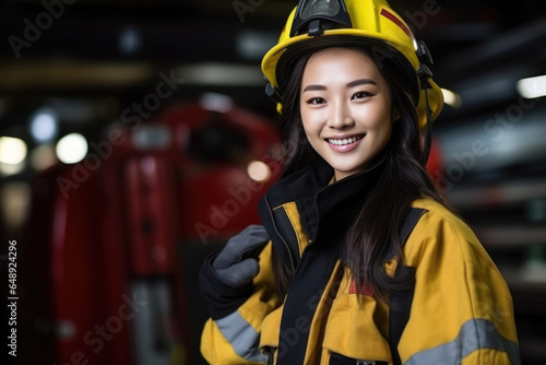 Beautiful Young Asian Woman Firefighter . Сoncept Promoting Inclusivity In Firefighting, Firefighting In Asia, Young Women In Challenging Occupations, Representation In Media For Asian Women