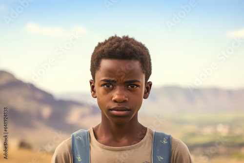 Sadness African Boy In Beige Tank Top On Mountain Scenery Background