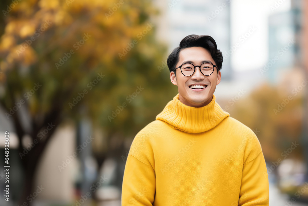 Happiness Asian Man In Yellow Sweater On City Background. Сoncept Happiness, Asian Men In Fashion, Bright Colors In Everyday Life, City Life Vibes