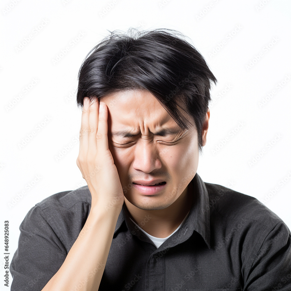 asian man with headache. Expression of pain with hand on head. Advertising image with white isolated background, asian man with headache. Expression of pain with hand on head. Advertising image with white isolated background,