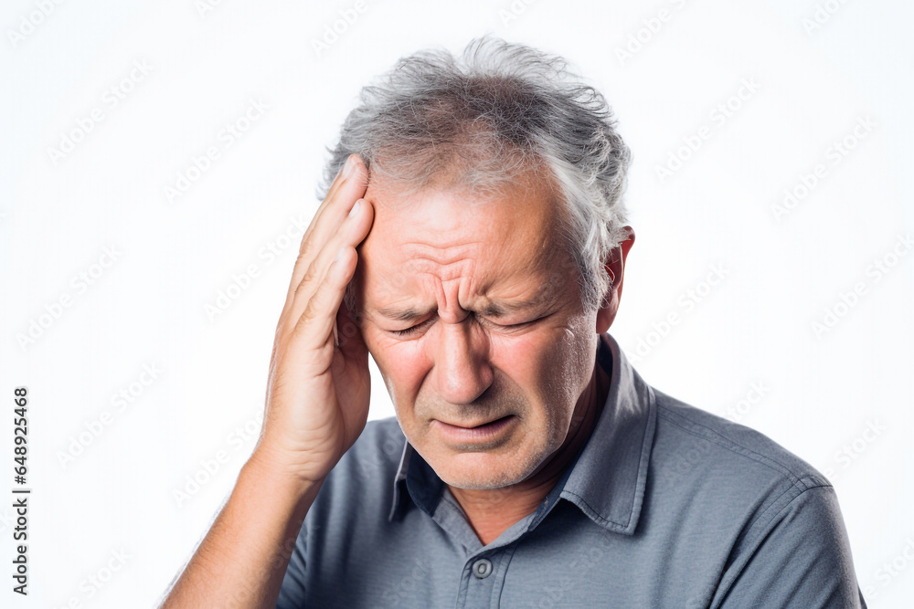 Man with headache. Expression of pain with hand on head. Advertising image with white isolated background, Man with headache. Expression of pain with hand on head. Advertising image with white isolated background,