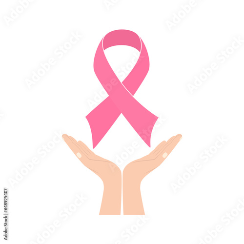 Breast Cancer awareness. Hands with pink ribbon. Pink october month female healthcare campaign solidarity web template design. Vector illustration.