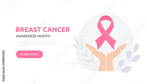 Breast Cancer awareness banner illustration. Hands with pink ribbon. Pink october month female healthcare campaign solidarity web template design. Vector illustration.