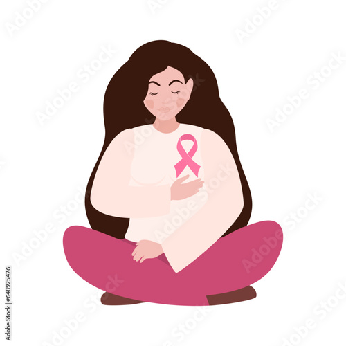 Breast Cancer awareness. Woman with pink ribbon. Pink october month female healthcare campaign solidarity web template design. Vector illustration.