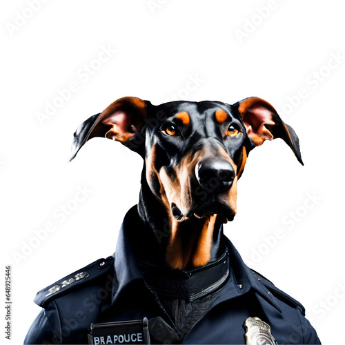 Portrait of Humanoid Anthropomorphic Doberman Dog Wearing Police Officer Uniform Isolated Transparent