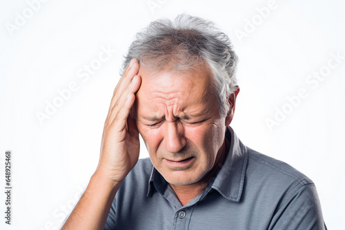 Man with headache. Expression of pain with hand on head. Advertising image with white isolated background,