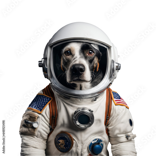 Portrait of Humanoid Anthropomorphic Dog Wearing White Astronaut Suit Isolated Transparent