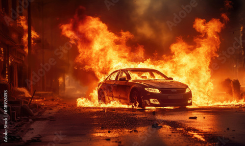 Burning car emitting thick smoke on a street.