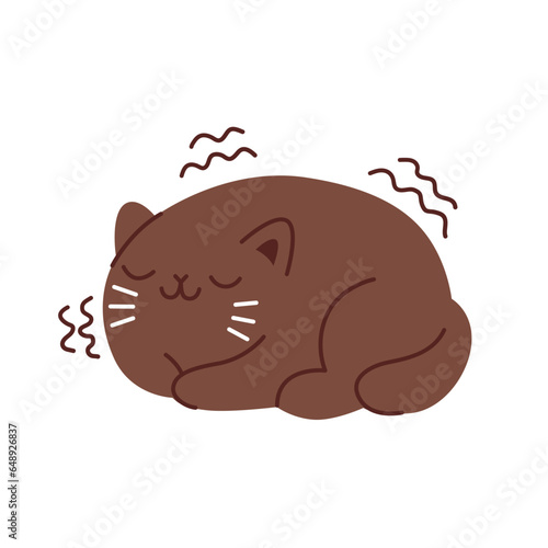 Brown purring cute cat. Sleeping pet. Simple vector hand drawn illustration isolated on white background