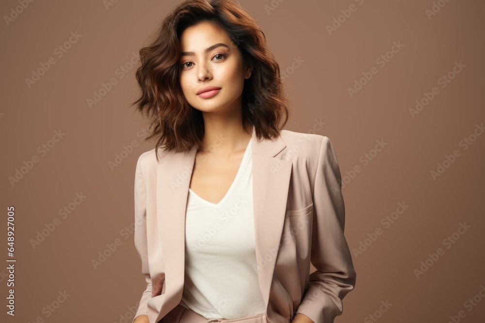 Portrait of a Fictional Stylish and Elegant Female Model Smiling. Isolated on a plain background. Generative AI. Portrait of a Fictional Stylish and Elegant Female Model Smiling. Isolated on a plain background. Generative AI.
