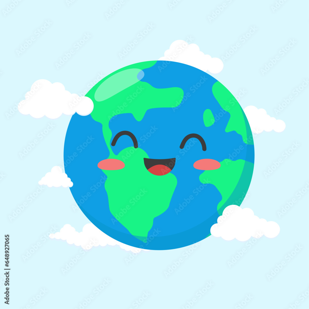 Earth Day. Earth, blue-green globe with clouds. Kawaii style. Flat design.	
