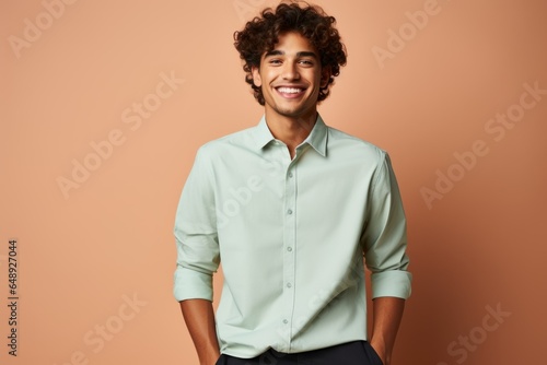 Portrait of a Fictional Man Model Smiling. Isolated on a plain background. Generative AI. photo