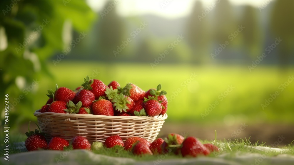 Wicker basket filled with strawberries On the green grass in the garden Wicker basket filled with strawberries On the green grass in the garden