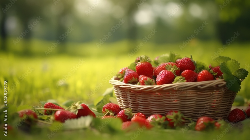 Wicker basket filled with strawberries On the green grass in the garden Wicker basket filled with strawberries On the green grass in the garden