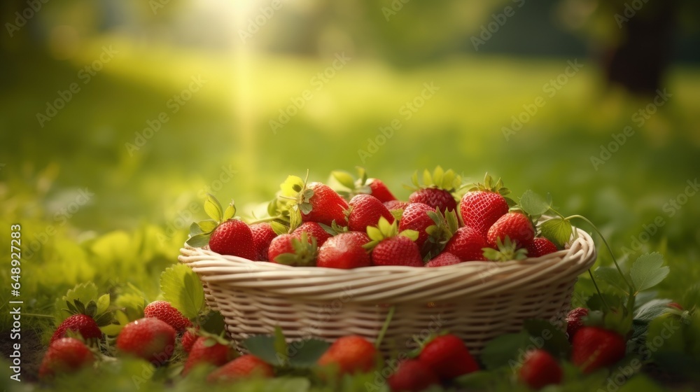 Wicker basket filled with strawberries On the green grass in the garden Wicker basket filled with strawberries On the green grass in the garden