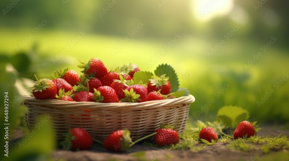 Wicker basket filled with strawberries On the green grass in the garden Wicker basket filled with strawberries On the green grass in the garden